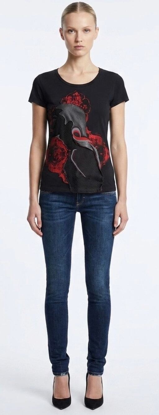 Roberto Cavalli T-Shirt Black 100% Cotton Red Floral Woman Print size 38 Small